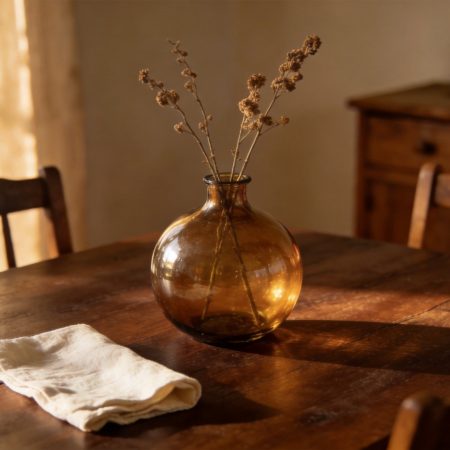 Hand-Blown Amber Glass Rounded Decorative Vase